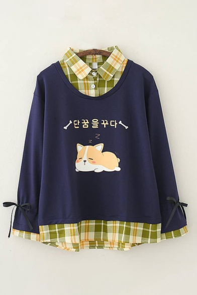 Fashionable Girls Korean Letter Dog Graphic Plaid Print Patchwork Tied Long Sleeve Polo Collar Relaxed Sweatshirt