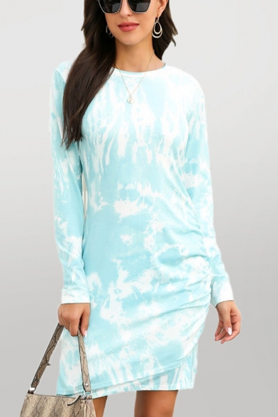 Fashionable Tie Dye Printed Long Sleeve Round Neck Mid Fitted T Shirt Dress for Women