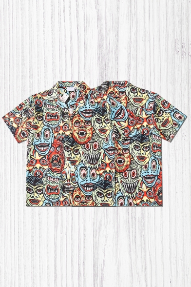 Leisure Mens Shirt Cartoon Figure Alien Animal Pattern Button up Short Sleeve Oversized Notch Collar Shirt