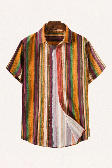 Leisure Shirt Striped Pattern Button down Pocket Short Sleeve Spread Collar Regular Fitted Shirt for Men