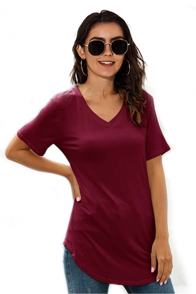 Leisure Solid Color Short Sleeve V-neck Curved Hem Loose Fit T Shirt for Women