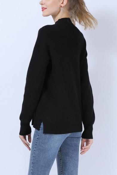 Leisure Womens Plain Split Side Round Neck Long Sleeve Regular Fit  Knitwear Pullover Sweater