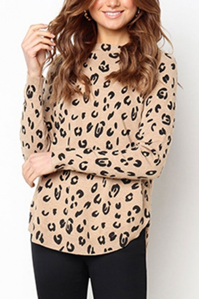 Leopard Print Long Sleeve Crew Neck Curved Hem Relaxed Fit Casual T Shirt in Khaki