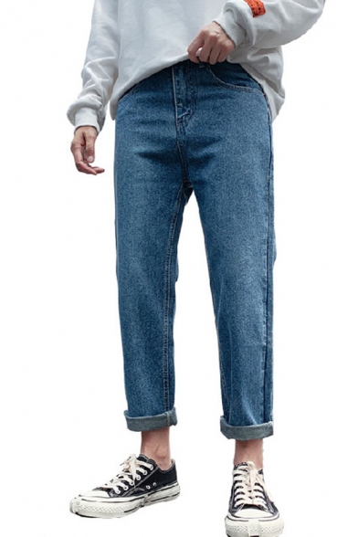 Light Blue Solid Color Guys Drop-Crotch Straight Leg Loose Fit Jeans
