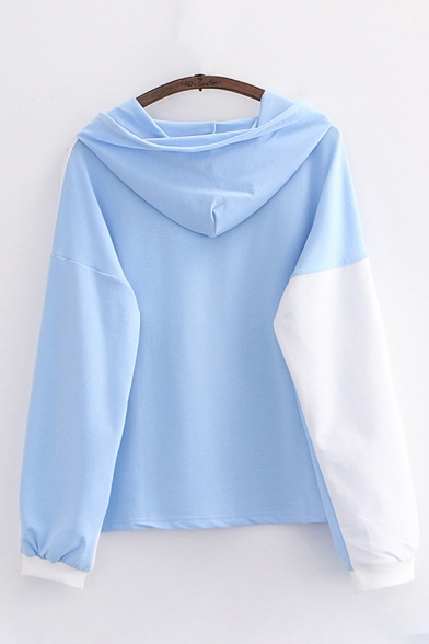 Lovely Letter Yummy Cat Graphic Colorblock Long Sleeve Drawstring Pouch Pocket Loose Hoodie