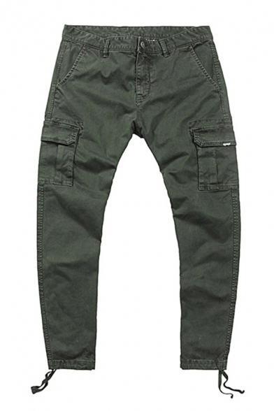 Mens Cargo Pants Basic Ribbon Detail Flap Pockets Drawstring Regular Fitted Long Straight Cargo Pants