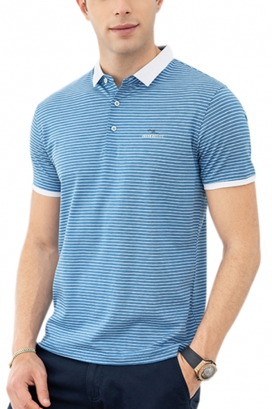 Mens Fashion Polo Shirt Striped Letters Patterned Contrasted Trim Short Sleeve Spread Collar Regular Fit Polo Shirt