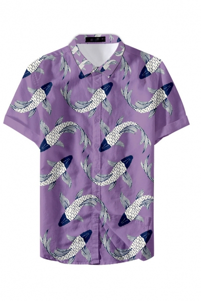 Mens Shirt Trendy All-over Fish Printed Spread Collar Button-down Regular Fit Short Sleeve Shirt