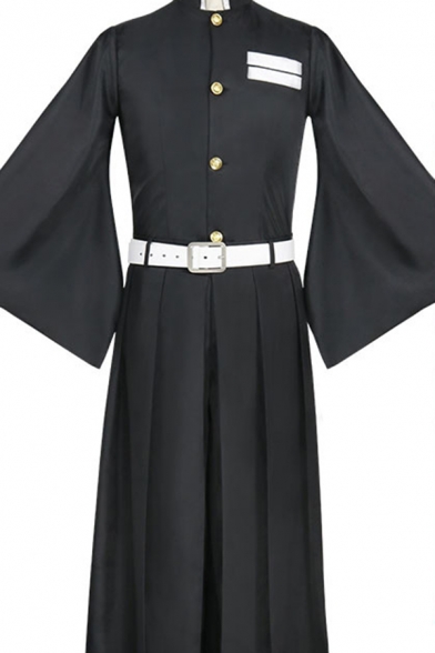 Popular Long Sleeve Stand Collar Metallic Button up Fit Top & Pleated Long Pants Set with Belt