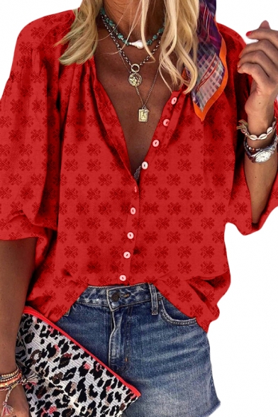 Popular Womens All over Floral Print Button up Turn-down Collar Bishop Sleeve Relaxed Fit Blouse Top