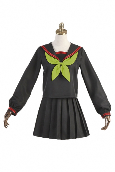 Preppy Girls Striped Long Sleeve Sailor Collar Bow Tied Relaxed Tee Top & Mini A-line Pleated Skirt Set in Black