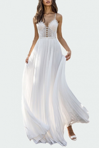Pretty Ladies Lace Spaghetti Straps Open Back Long Pleated Flowy Slip Dress in White