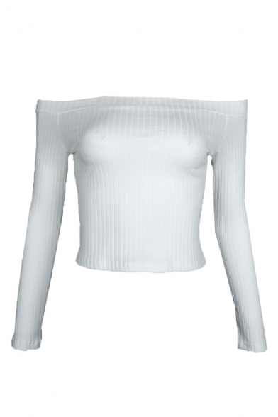 Pretty Plain Open Back Off the Shoulder Long Sleeve Slim Fitted Cropped T-Shirt for Women
