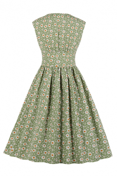 Retro Ditsy Floral Print Sleeveless V-neck Button up Mid Pleated Swing Dress for Girls