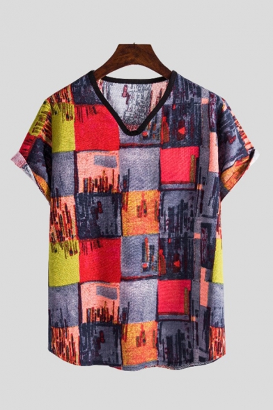 Stylish Mens Tee Top Geometric Colorblock Pattern Short Sleeve V-Neck Fitted Tee Top