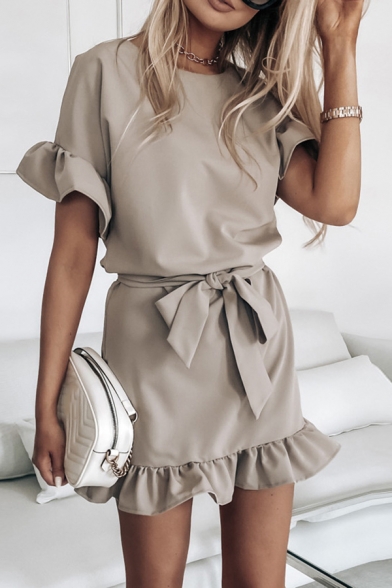Stylish Solid Color Bow Tie Waist Ruffle Detail Round Neck Short Sleeve Mini Sheath Dress for Women