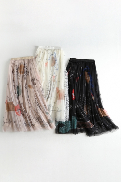 Summer Hot Trendy Boho Elastic Waist Sun Printed Midi Flared Mesh Beach Skirt