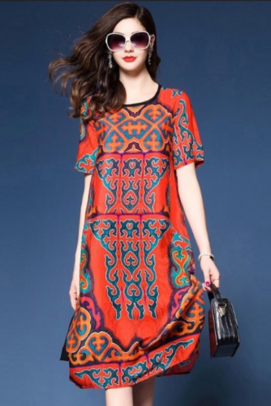 Tribal Style Ladies Floral Printed Short Sleeve Round Neck Mid Shift Dress in Red