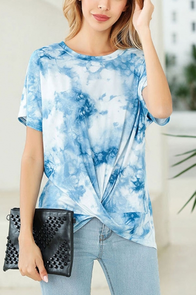 Unique Womens Tie Dye Printed Pleated Twist Short Sleeve Crew Neck Relaxed Fit T-Shirt