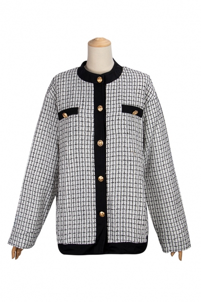 Vintage Womens Plaid Printed Contrast Piping Long Sleeve Button Closure Regular Fit Cardigan Coat in White