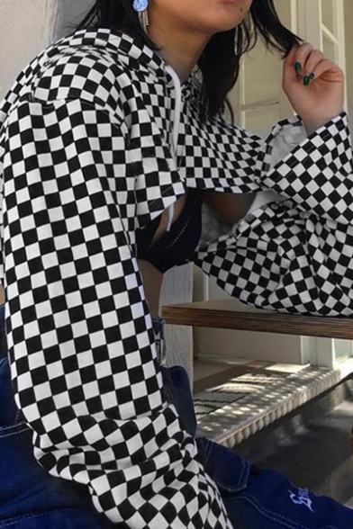 Women's Sexy Checkerboard Print Mesh Contrast Hem Black Cropped Smock Hoodie
