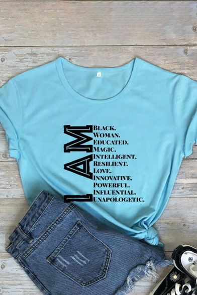 Basic Letter I Am Printed Roll Up Sleeve Crew Neck Fit T Shirt for Girls