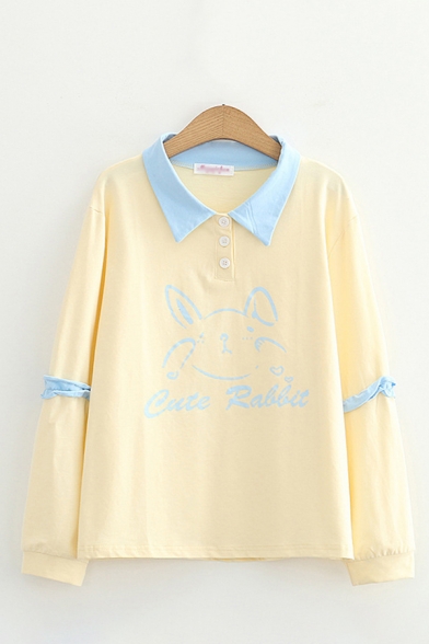 

Casual Girls Letter Cute Rabbit Graphic Stringy Selvedge Long Sleeve Point Collar Button Detail Loose Fit T Shirt, Blue;yellow, LC661246