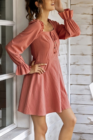 Casual Womens Stringy Selvedge Long Sleeve Square Neck Button Detail Tied Front Short Pleated A-line Dress in Red