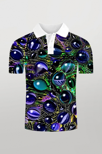 Chic 3D Polo Shirt Geometric Biological Tissues Globe Pattern Contrast Trim Button Short Sleeve Spread Collar Fitted Polo Shirt for Men