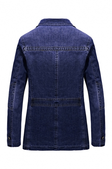 Classic Mens Denim Jacket Dark Wash Pockets Zipper Embellished Lapel Collar Button up Long Sleeve Slim Fit Denim Jacket