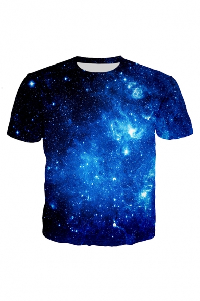 Cool 3D Galaxy Printed Basic Short Sleeve Hipster Long T-Shirt in Blue
