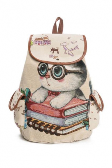 Cute Cartoon Panda Printed Beige Drawstring Travel Bag School Backpack with Side Pockets 28*11*39 CM