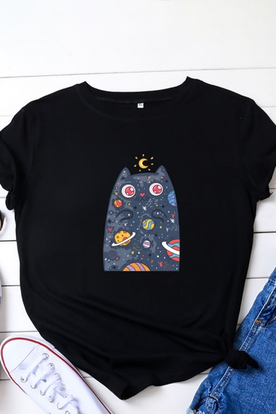 Cute Girls Cartoon Cat Printed Roll Up Sleeve Crew Neck Regular Fit T Shirt