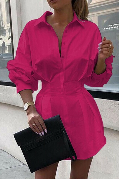 Elegant Womens Plain Pleated Waisted Single Breasted Turn Down Collar Long Puff Sleeve Fitted Tunic Shirt