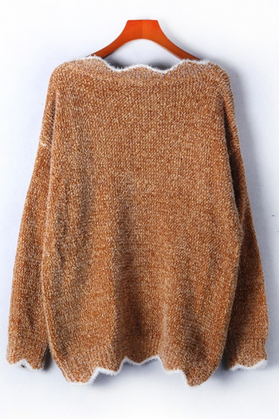 Fancy Knit Contrast Piped Scalloped Long Sleeve V-neck Loose Pullover Sweater for Ladies