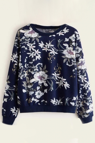 Fashionable All over Flower Printed Long Sleeve Crew Neck Loose Pullover Sweatshirt