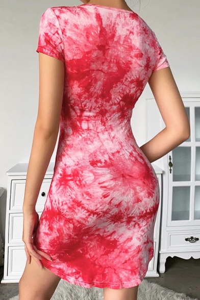Fashionable Girls Tie Dye Printed Short Sleeve Lace-up V-neck Short Sheath Dress in Red