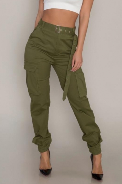Hip Hop Style Army Green Chain Embellished Relaxed Fit Cargo Pants with Pockets