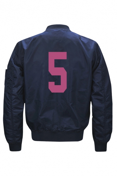 Leisure Number Logo Graphic Long Sleeve Zipper Front Quilted Regular Fit Blue Baseball Jacket