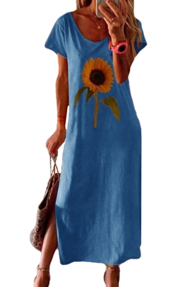 Leisure Sunflower Printed Split Side Scoop Neck Long Sleeve Oversized Maxi T Shirt Dress for Women