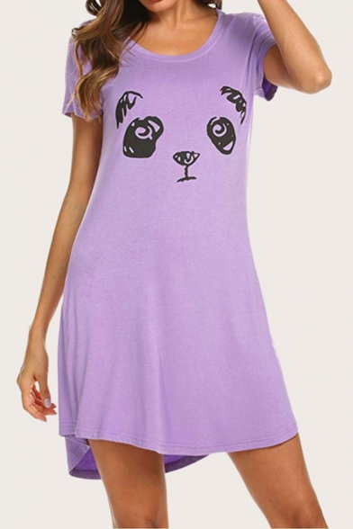 Leisure Womens Panda Printed Short Sleeve Crew Neck Mini A-line T-shirt Dress