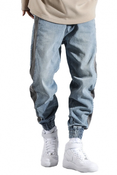 Mens Blue Jeans Casual Side Stripe Cuffed Zipper Fly Ankle Length Relaxed Fit Tapered Jeans with Washing Effect