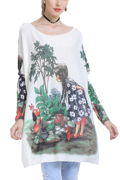 Pop Womens Cartoon Girl Plant Printed Boat Neck Batwing Long Sleeve Loose Tunic Pullover Knitwear Top