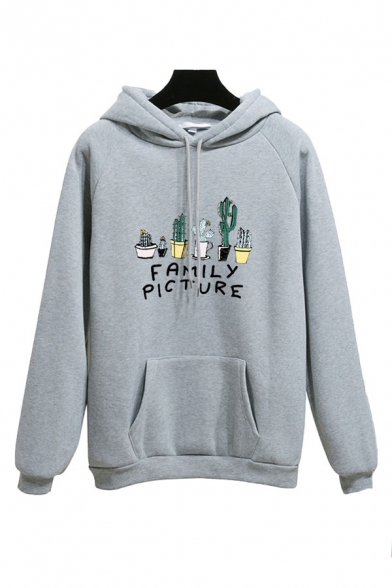 Popular Letter Family Picture Cactus Graphic Kangaroo Pocket Long Sleeve Drawstring Relaxed Hoodie