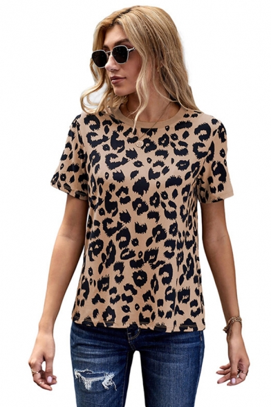 Popular Womens Leopard Printed Crew Neck Short Sleeve Regular Fitted T-Shirt