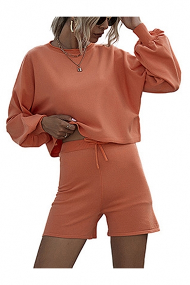 Popular Womens Long Sleeve Crew Neck Relaxed Crop T Shirt & Fitted Shorts Set in Orange
