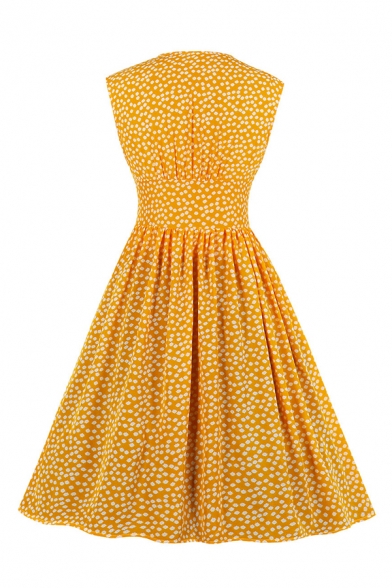 Popular Womens Polka Dot Print Sleeveless V-neck Button up Mid Pleated Swing Dress