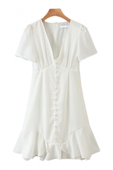 Pretty White Puff Sleeve Deep V-neck Button Up Ruffled Mini A-line Dress for Girls