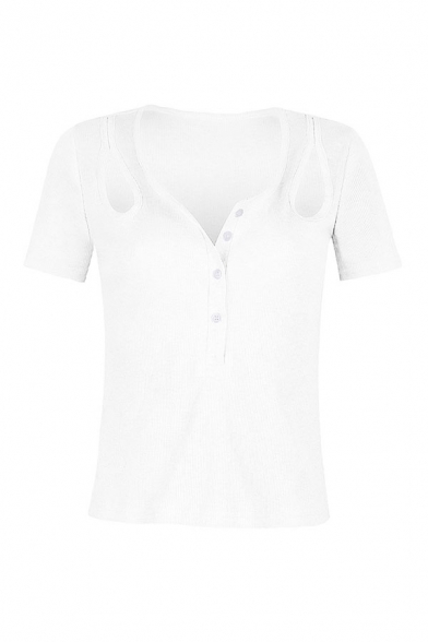 Sexy Ladies Solid Color Cut Out Button Notched Neck Short Sleeve Slim Fit Knit Tee