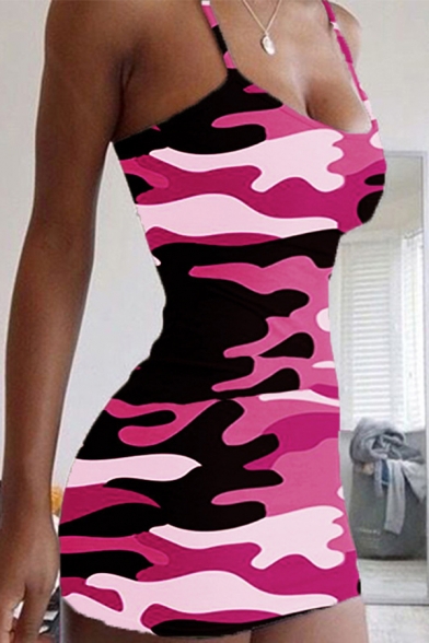 Sexy Womens Camo Pattern Backless Spaghetti Straps Sleeveless Mini Bodycon Cami Dress